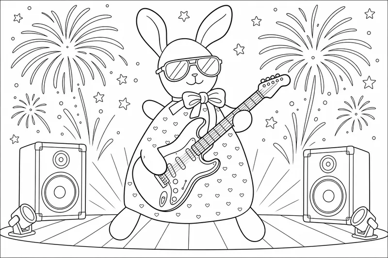 Dieser Teddybär wird eine Rockstar auf dem Konzert. Er soll Sonnenbrille tragen, Gitarre spielen und im Hintergrund vereinfachtes Feuerwerk