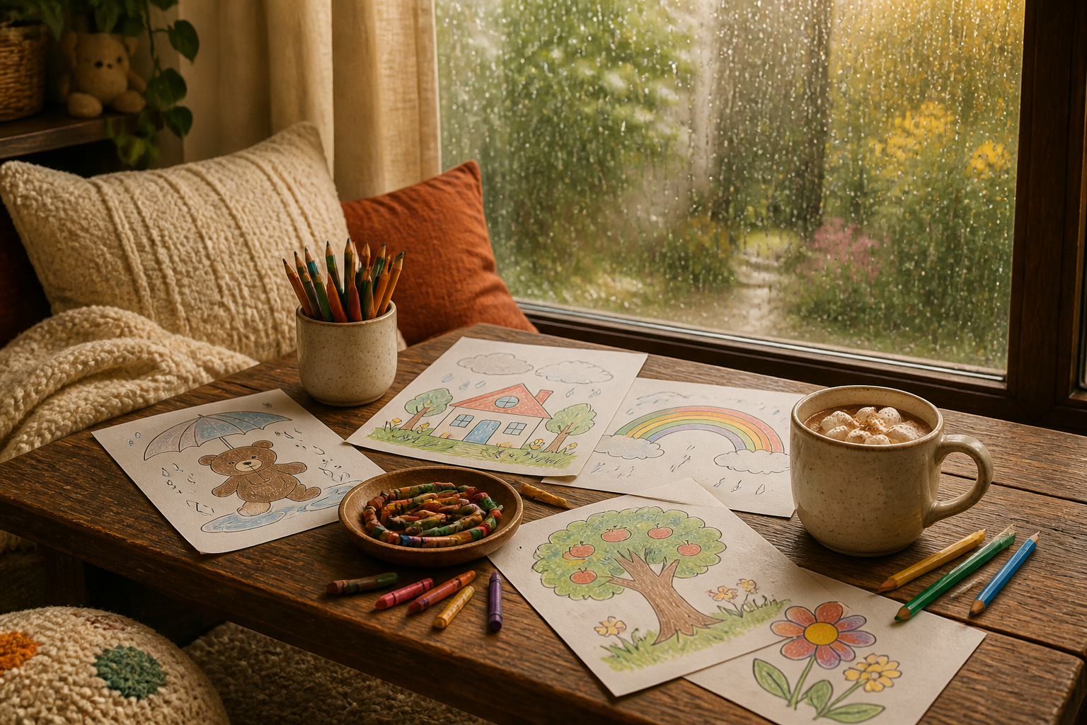 A cozy low wooden table beside a large rain-streaked window, scattered with children's coloring pages, crayons and colored pencils, a mug of cocoa, warm soft afternoon light, homey and calm, illustrat