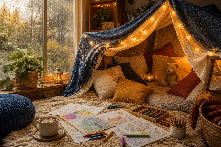 A cozy blanket-and-cushion fort by a large rain-streaked window, warm string lights, a child's coloring pages and crayons and colored pencils spread on a soft rug inside, a mug of cocoa, golden aftern