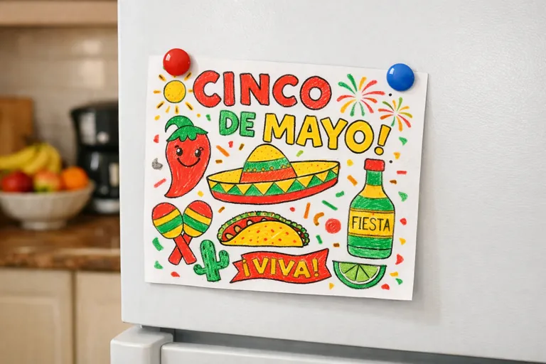 A finished Cinco de Mayo themed coloring page taped slightly crooked to a white refrigerator door with two small colorful magnets, the page colored in by a child with bright crayon strokes including r
