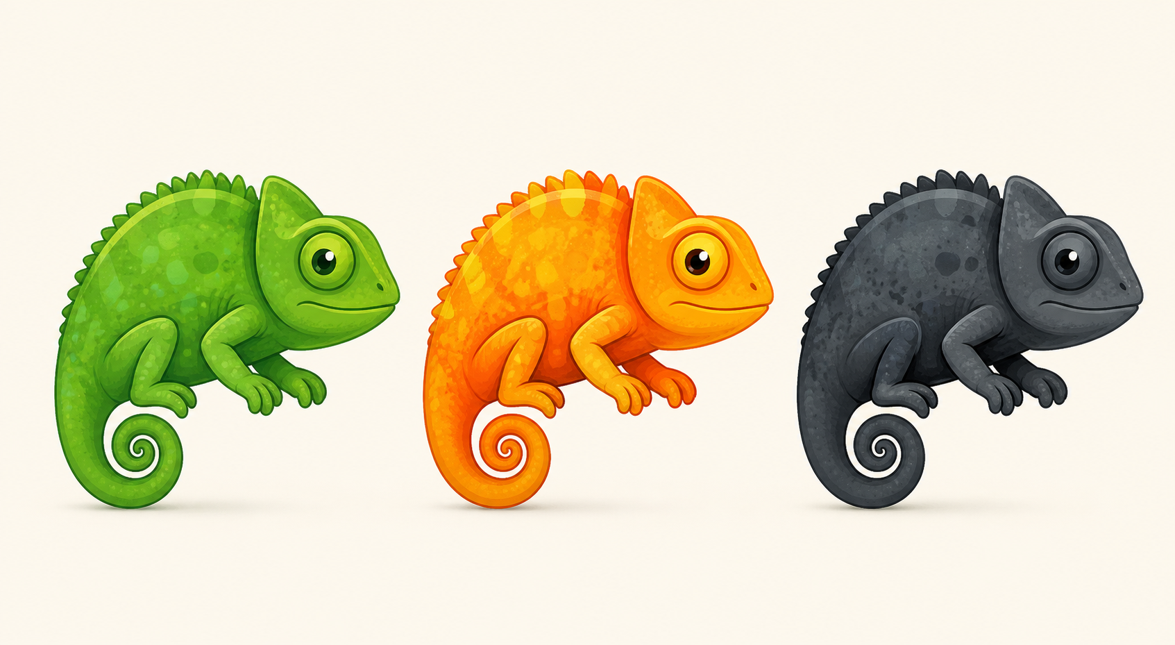 A simple friendly flat illustration showing the same chameleon three times in a row on a plain light background, the first one calm leafy green, the second bright fired up orange and yellow, the third