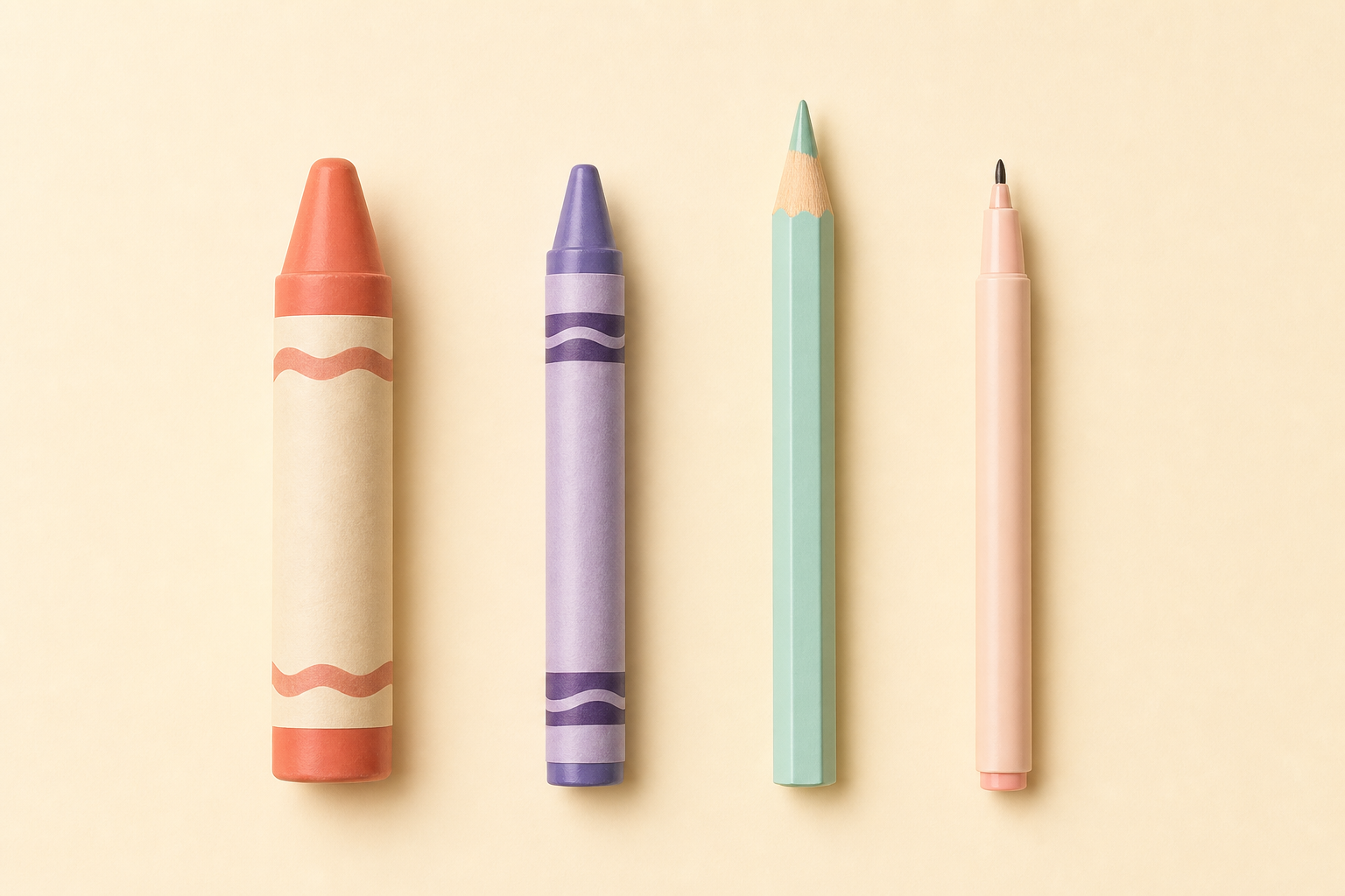 A clean editorial flat-lay illustration of children's coloring tools arranged in a neat row from left to right, showing a progression: a chunky toddler crayon, a regular crayon, a colored pencil, and 