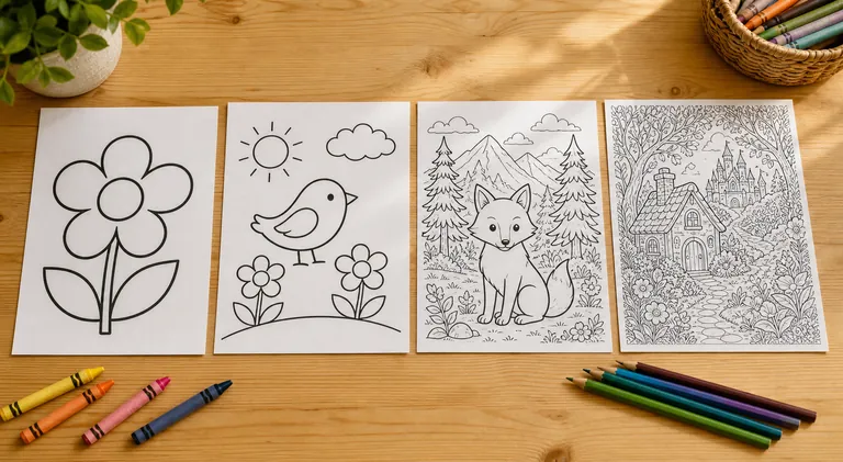 A warm overhead photo of four children's coloring pages laid in a neat row on a light wooden table, progressing from a very simple thick-outline drawing on the left to a detailed intricate line drawin