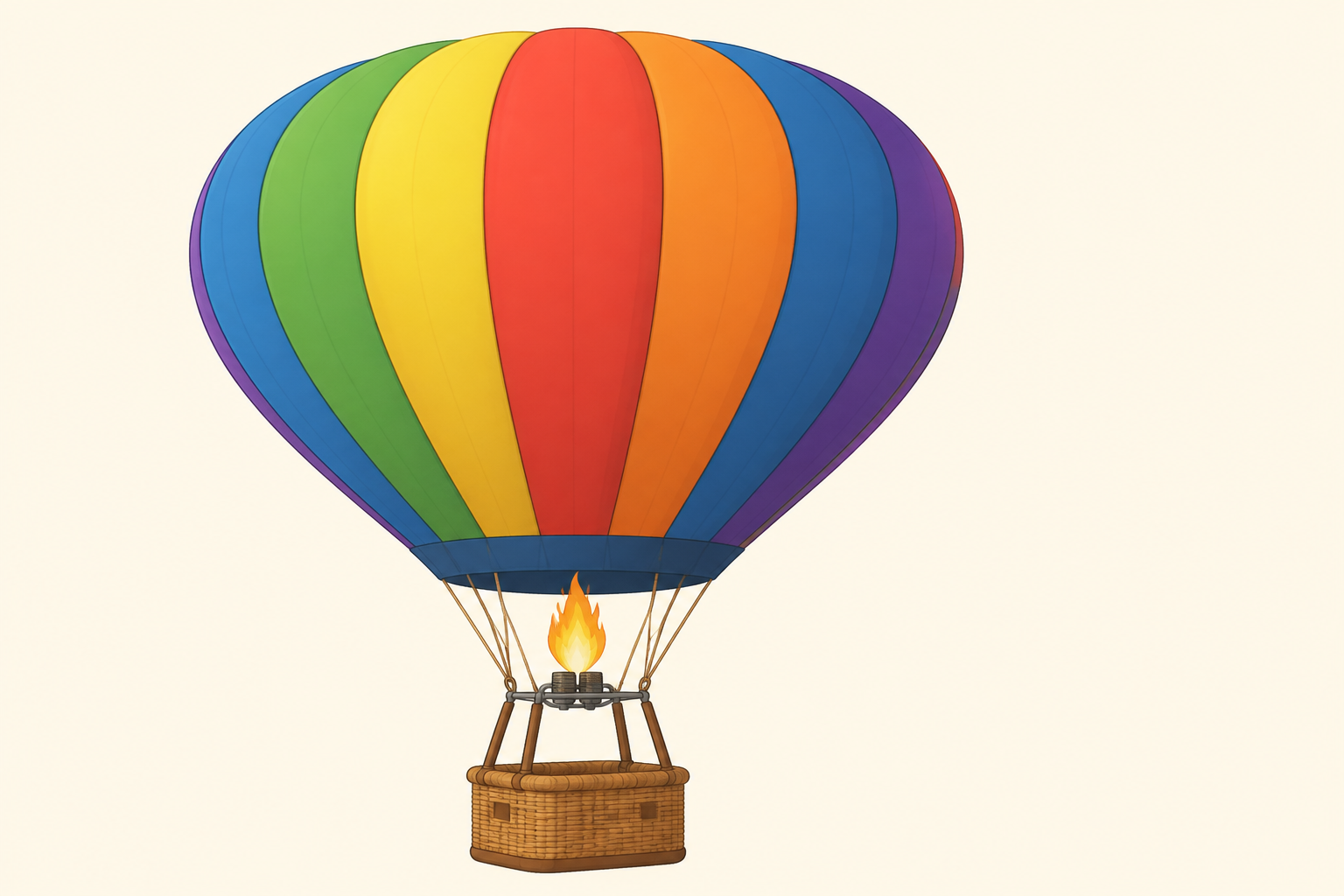 A simple clear friendly illustration of one hot air balloon seen from the side showing three distinct parts, a large rounded fabric envelope at the top, a bright burner flame in the middle, and a wick