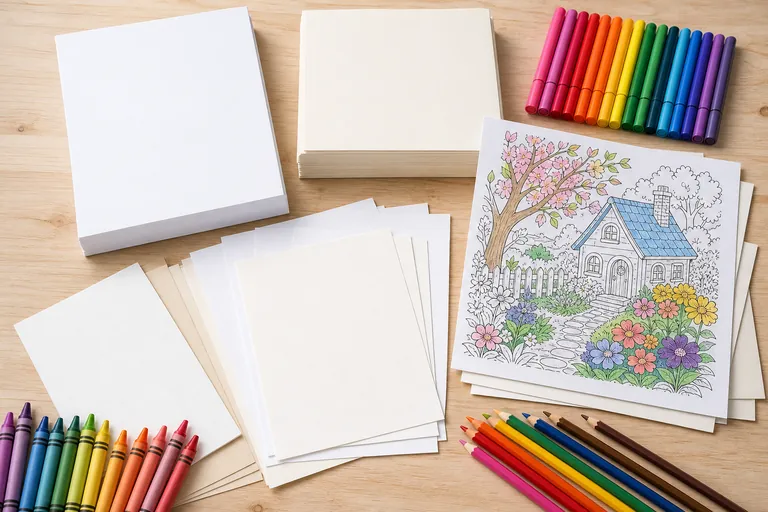 Overhead flat-lay of several stacked reams and loose sheets of paper in different thicknesses and shades of white and cream, arranged neatly with crayons, felt-tip markers and colored pencils, one fre