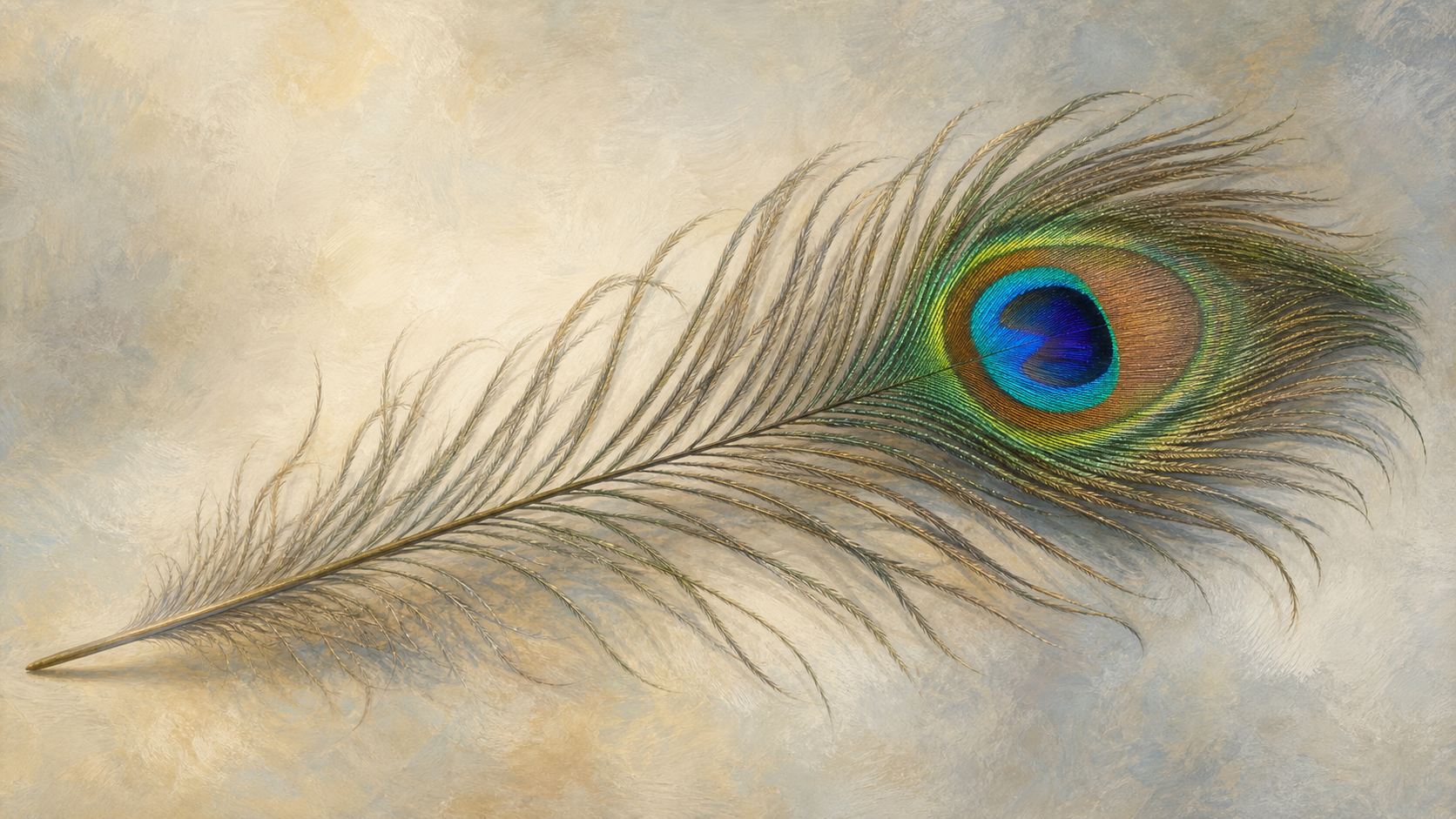 A single peacock train feather lying diagonally on a soft pale background, painterly illustration, the eye-shaped marking at its tip catching a slow sweep of iridescent blue, green and bronze, fine do