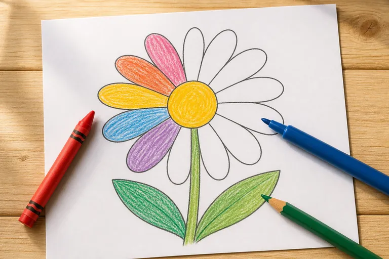 A child's coloring page of a simple daisy resting on a light wooden table, the flower half colored in with bright crayon and pencil strokes, a red crayon, a blue marker, and a green colored pencil lyi