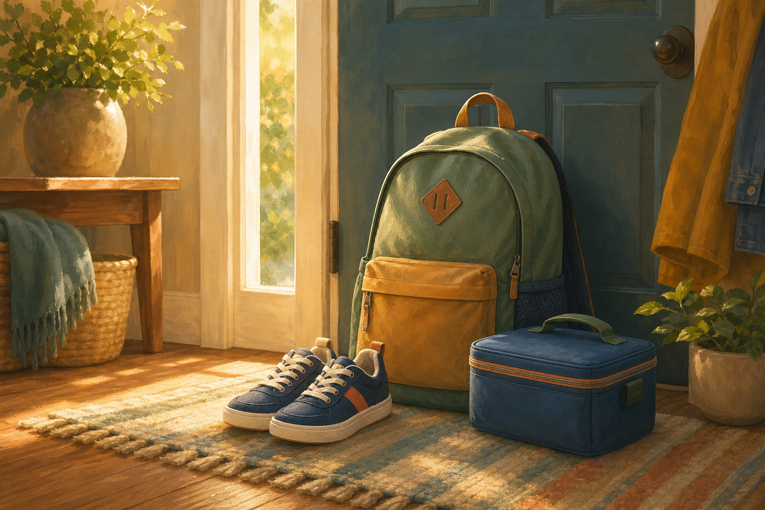 A warm painterly illustration of a first day of school morning laid out and ready by a front door in soft morning light: a packed backpack, a pair of new sneakers, and a closed lunchbox arranged neatl