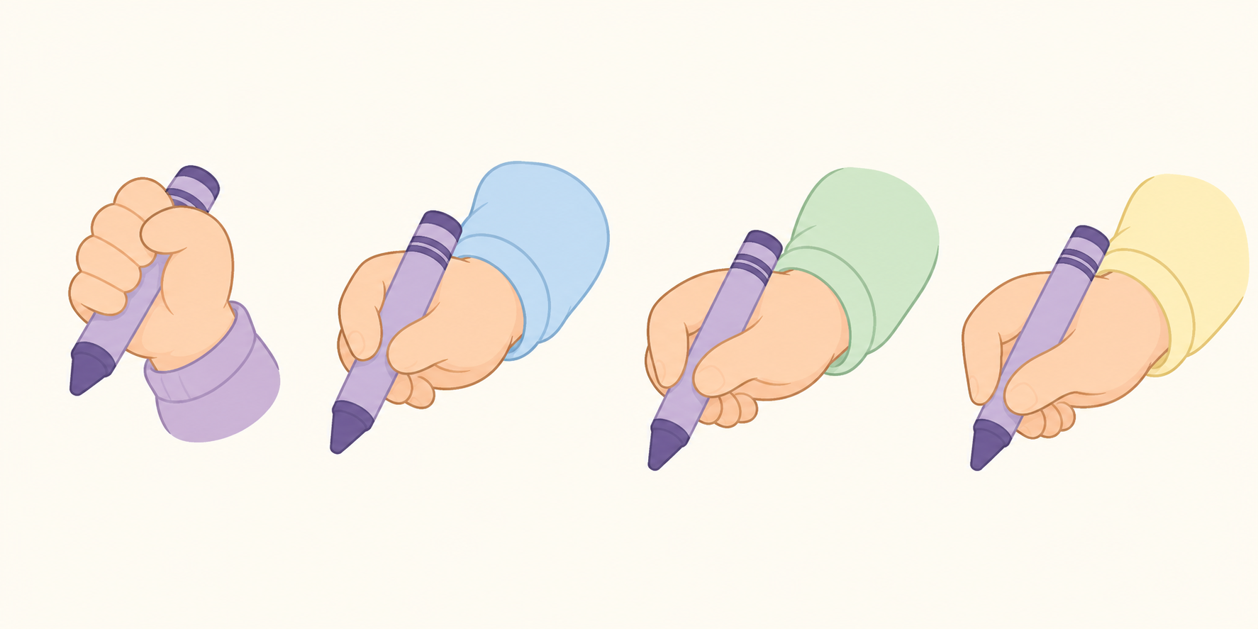 A simple flat infographic illustration showing four stages of a young child's hand holding a crayon, arranged left to right, from a closed full-fist grip to a refined three-finger tripod grip, soft pa