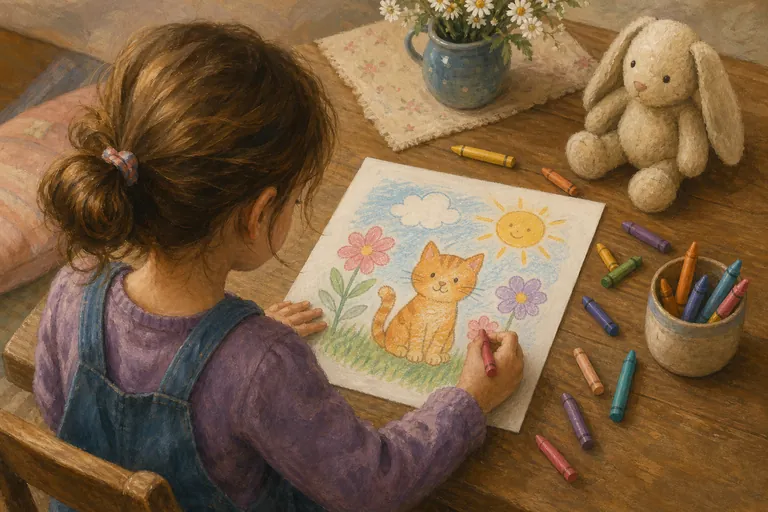 A soft painterly storybook illustration viewed from above and slightly behind a young child seated at a wooden table, fully absorbed and calm, coloring a page in front of her; the coloring page and th