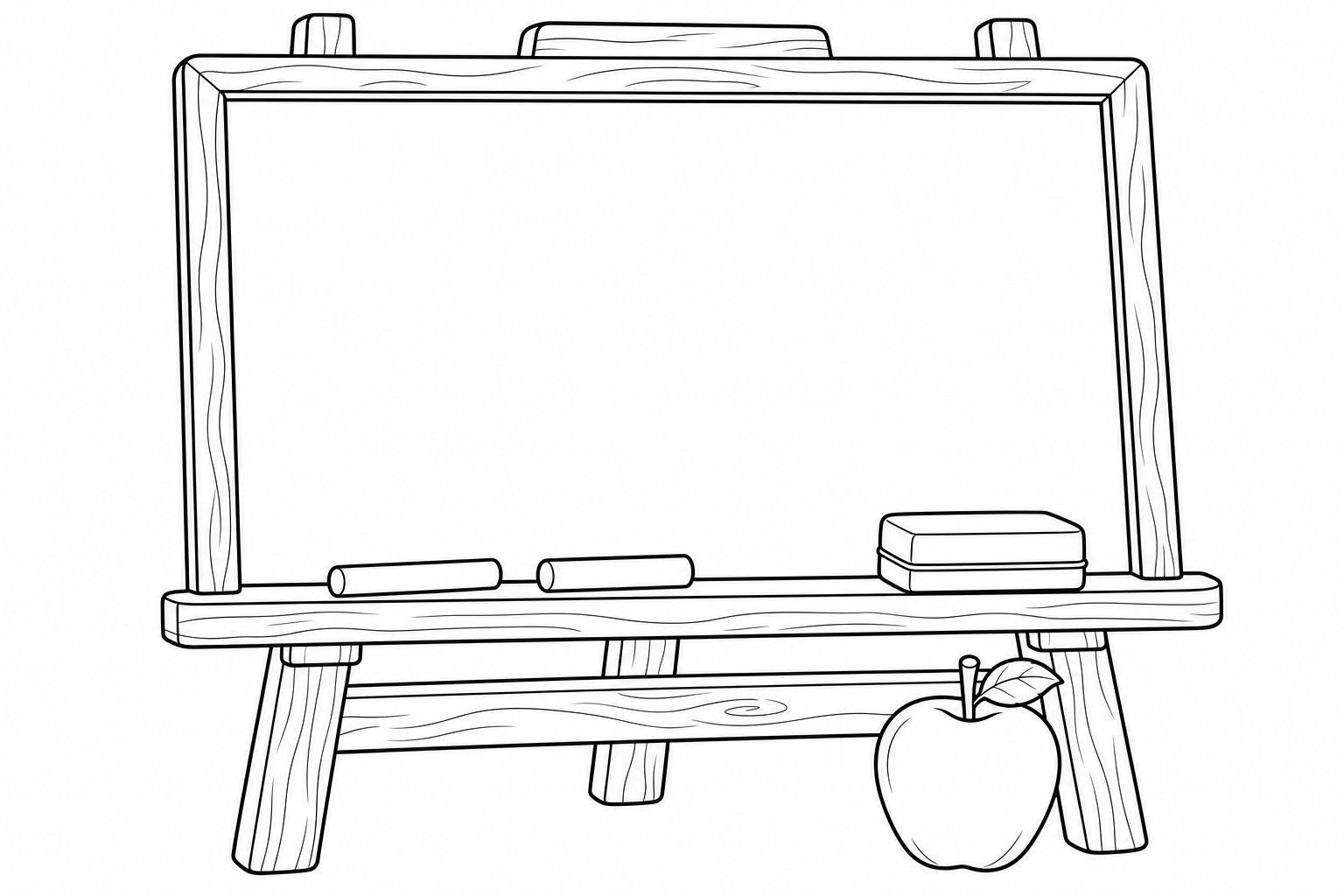 Coloring page of a small chalkboard on a wooden easel with two pieces of chalk, an eraser and an apple at its foot; the board is left empty for writing.