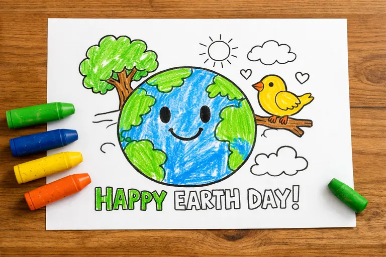 An Earth Day themed coloring page printed on white paper, showing a smiling planet earth with a tree and a bird, partially colored in by a child with simple green and blue crayon strokes, flat colors,