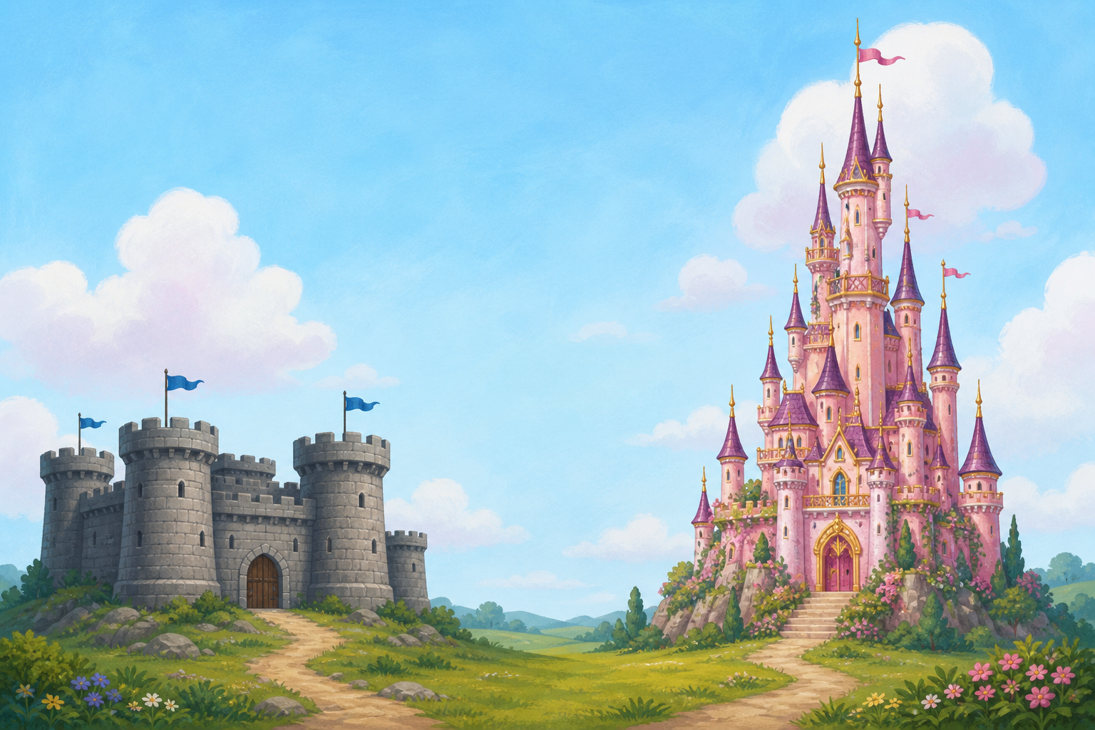 A colorful flat storybook illustration showing two castles side by side with a clear gap between them, on the left a short squat grey stone medieval fortress with thick round towers, on the right a ta