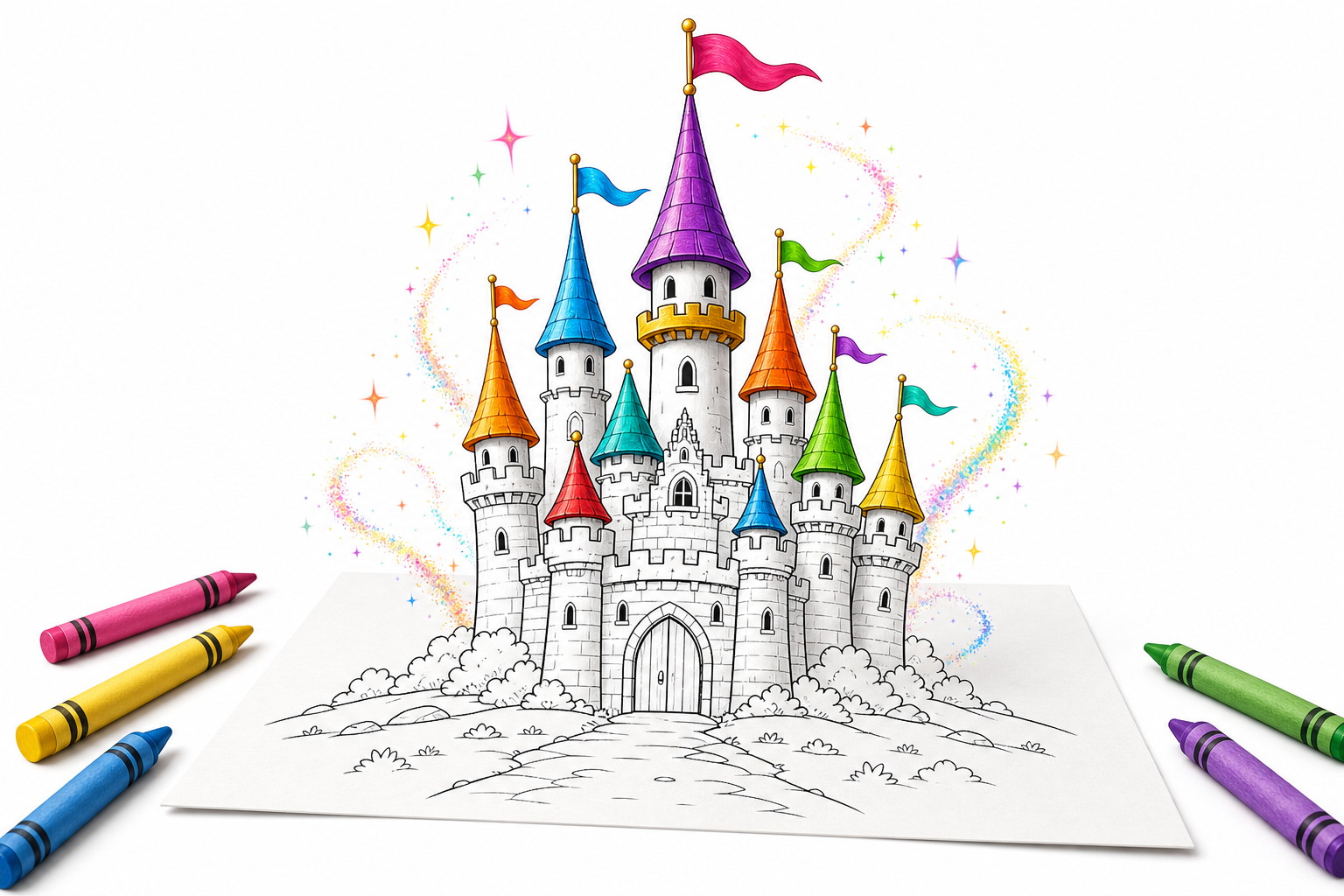 A black and white line art castle drawing on a sheet of paper, where the flags and the tallest tower lift up off the page and turn fully colorful as they rise, a few crayons nearby, sparkles trailing