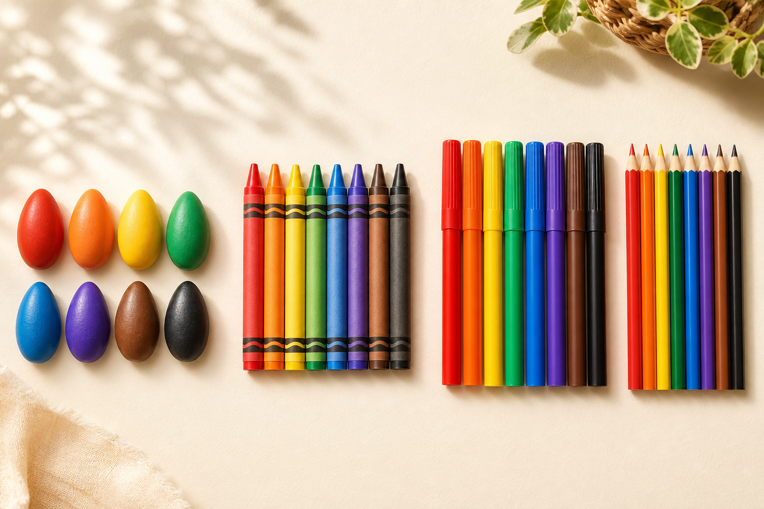 A neat row of children's coloring tools arranged from simple to refined on a warm cream paper surface: chunky egg-shaped toddler crayons, standard crayons, washable felt markers, and slim colored penc