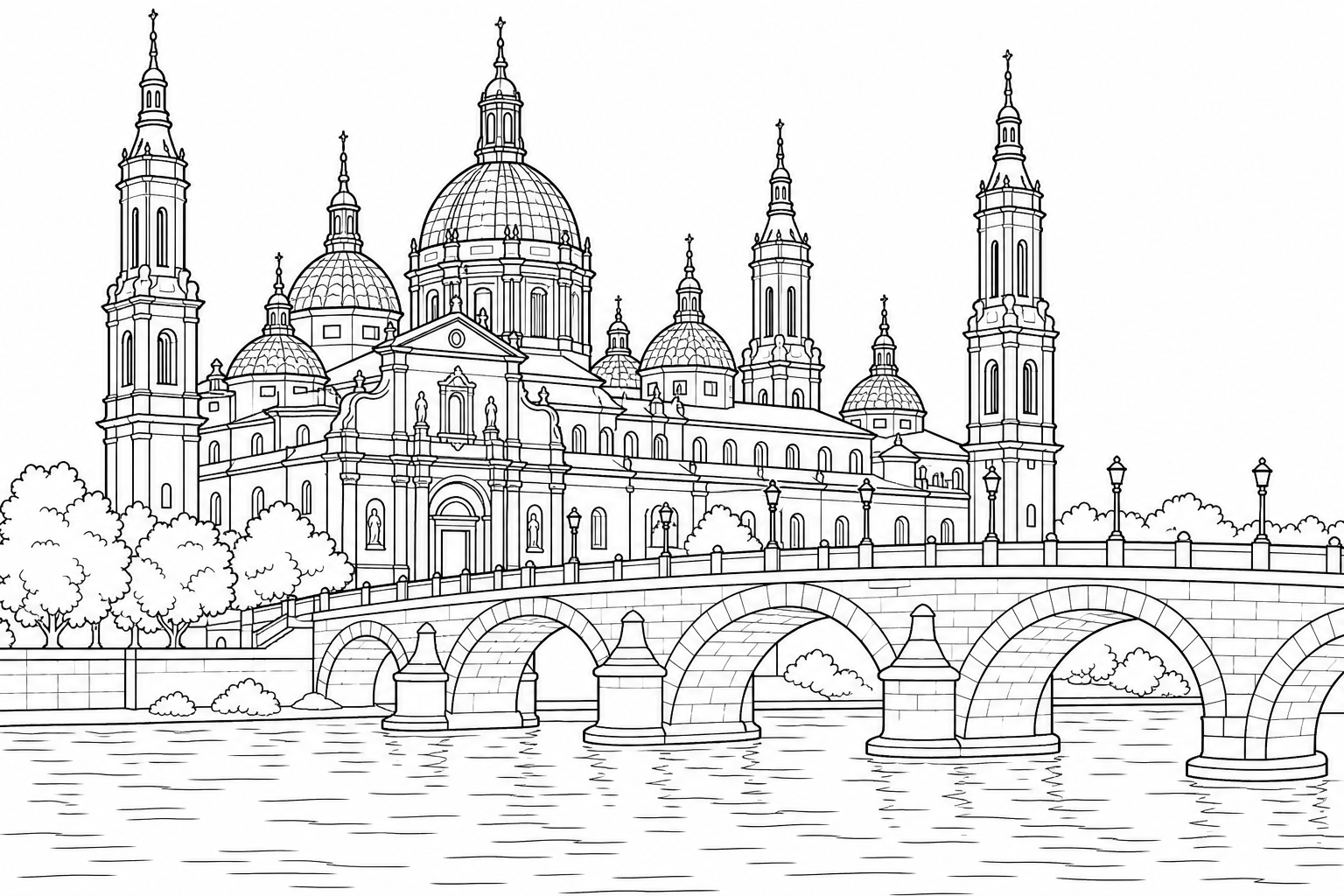 Line-art coloring page of a large basilica with four tall corner towers and several domes beside a river, with an arched stone bridge in front.