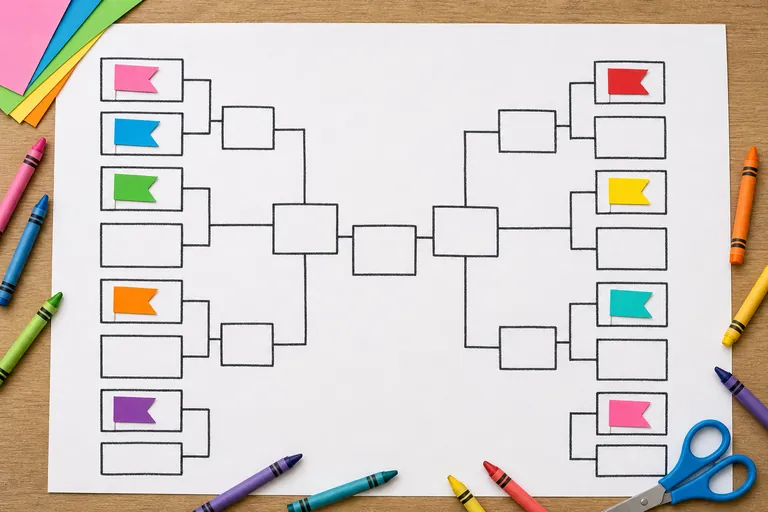 Flat overhead view of a homemade tournament wall chart on a big sheet of white paper, a bracket of empty hand-drawn boxes connected by lines, several brightly colored small paper flags placed in some 