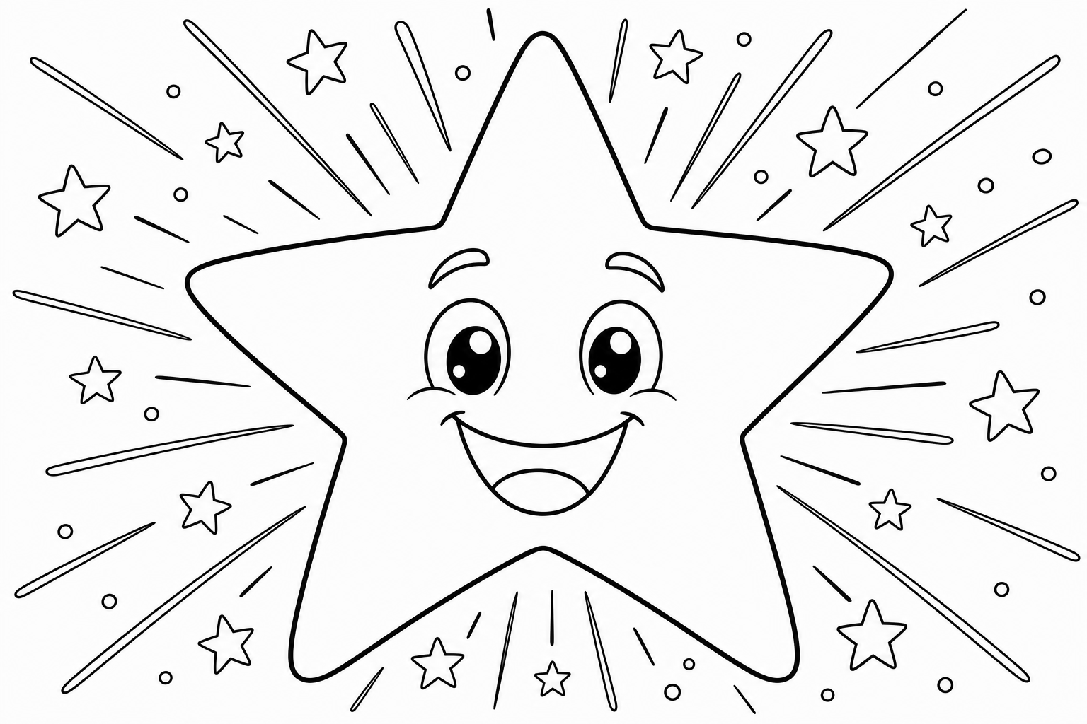 A black and white coloring page of one large smiling star with rays around it, drawn in thick outlines with only a few areas to fill.