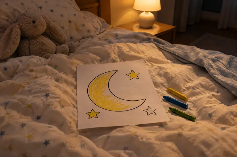 A part-coloured coloring page of a yellow crescent moon and four stars lies on a star-patterned duvet on a child's bed at night, with three crayons beside it, a plush rabbit on the pillow and a lit bedside lamp on the nightstand behind.