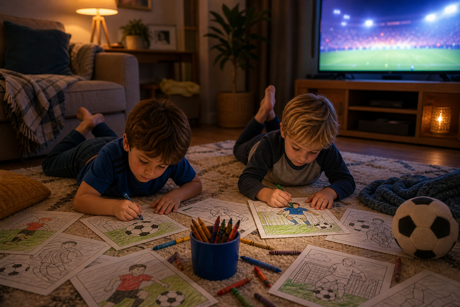 A cozy coloring corner on a living room floor near a glowing television, two young children lying down coloring soccer-themed pages with crayons, scattered coloring pages and a cup of crayons, warm ev