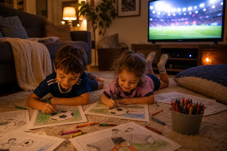 A cozy coloring corner on a living room floor near a glowing television, two young children lying down coloring soccer-themed pages with crayons, scattered coloring pages and a cup of crayons, warm ev