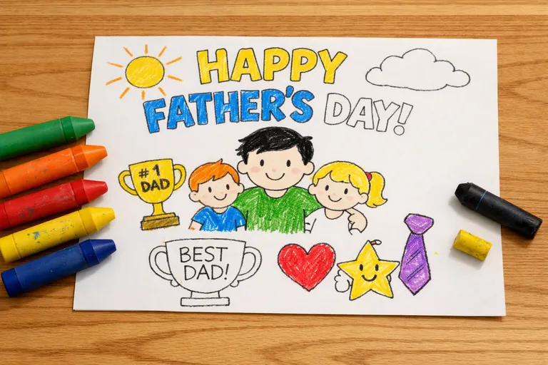 A Father's Day themed coloring page printed on white paper, partially colored in by a child with simple crayon strokes, flat colors, no shading, slightly outside the lines in places, some areas still 