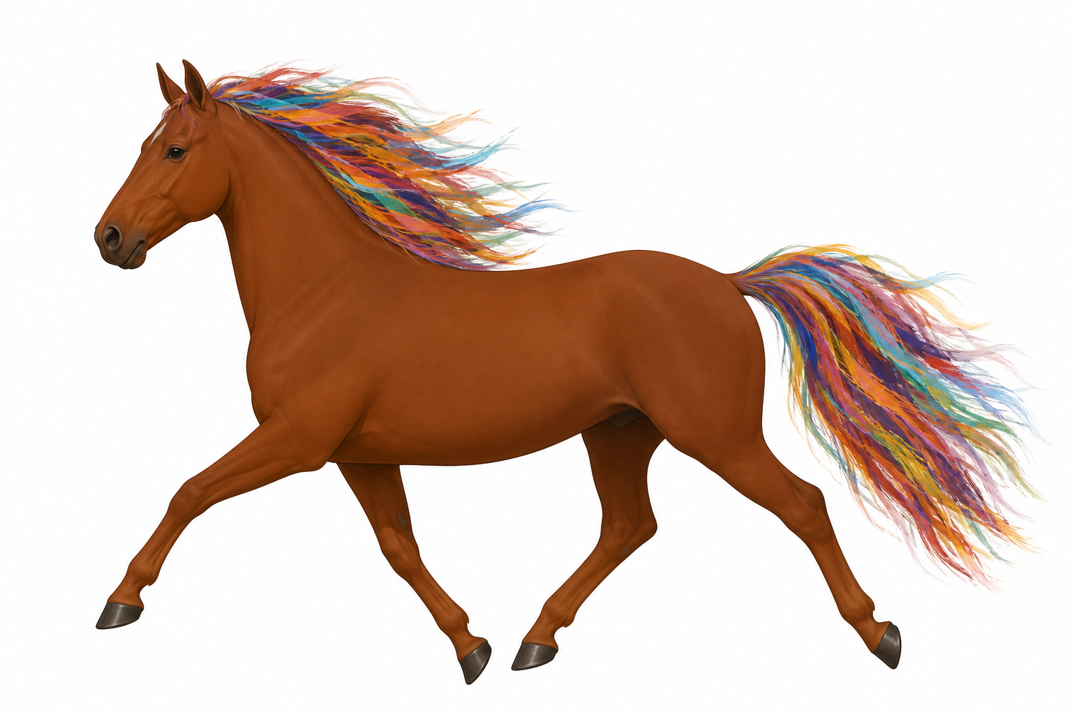 A simple clear illustration of one single horse shown in two coloring styles at once, the smooth body neatly colored in one solid brown, the mane and tail colored in loose wild multicolor strokes, pla