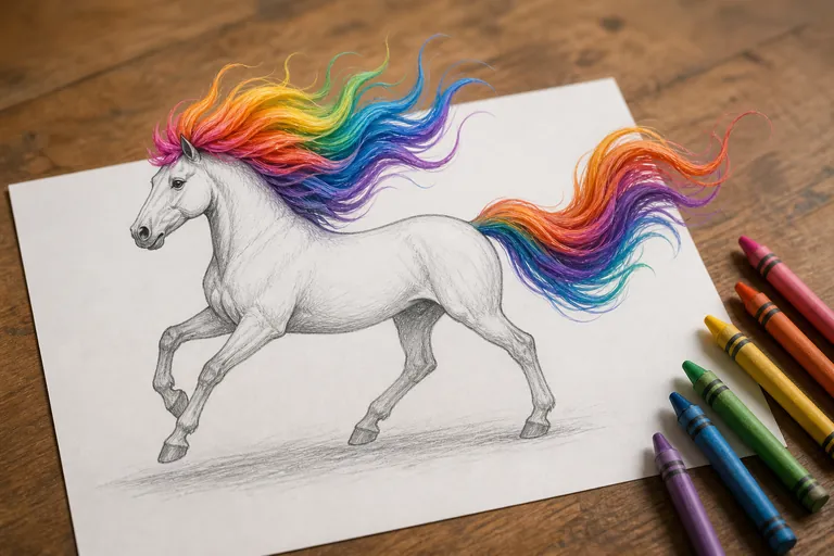 A pencil line art drawing of a horse on a sheet of paper where the colored mane and tail lift up off the page and turn vivid and flowing in the air, a few crayons resting beside the paper, playful and