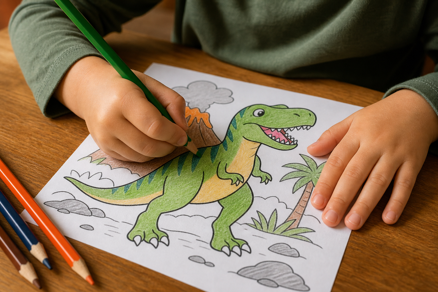 close-up of a seven year old child's hands coloring a printed dinosaur coloring page with colored pencils, staying neatly inside the lines, warm natural light on a wooden table, focused and calm mood,