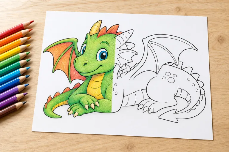 a printed coloring page of a friendly cartoon dragon lying on a light wooden desk, the left half filled in with bright colored pencil and the right half still black and white line art, a neat row of c