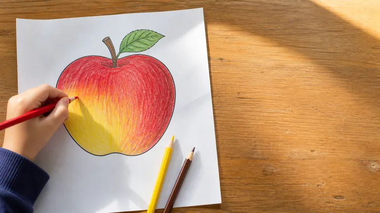 Overhead photo of a child's hand coloring a big apple outline with colored pencils. Yellow underneath, red layered on top, a soft blend where they meet, darker red on the shaded side. A yellow and a b
