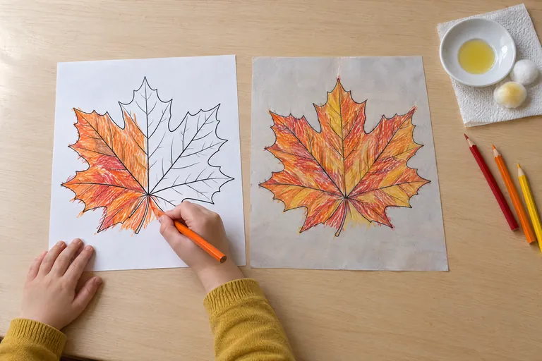 Seen from above, a child's hands color a maple leaf page in orange and red pencil on a light wooden table, beside the same leaf page finished and oiled so the paper turns translucent, next to a saucer of oil and cotton balls.
