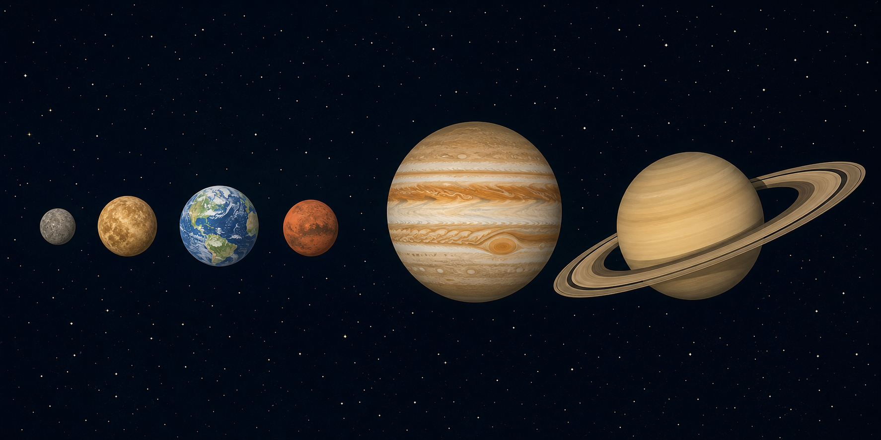 An editorial illustration of the planets lined up in a row by size, from tiny cratered Mercury and small rust-red Mars on the left to giant striped Jupiter and ringed Saturn on the right, clean flat c