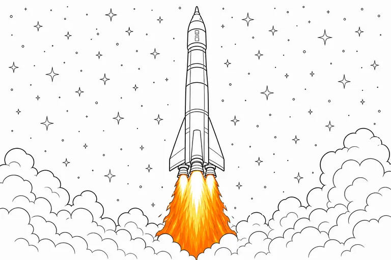 A clean black-and-white line-art coloring-page style drawing of a tall rocket lifting off among stars, with only the engine flame colored in bright orange, yellow and white, the rocket body and starry