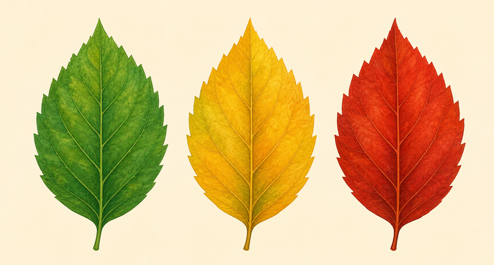 A simple educational illustration of the same single leaf shown in three stages side by side, left to right: fully green in summer, then golden yellow as the green fades, then deep autumn red, clean f