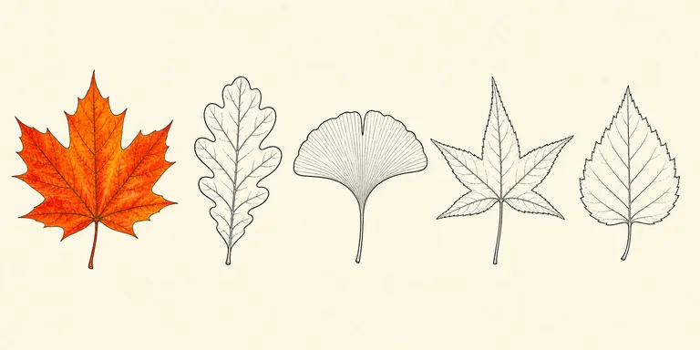 A field guide style plate showing five different autumn leaf shapes arranged in a neat row: maple, oak, ginkgo, sweetgum and birch, drawn as clean black and white line art in a coloring page style, bu