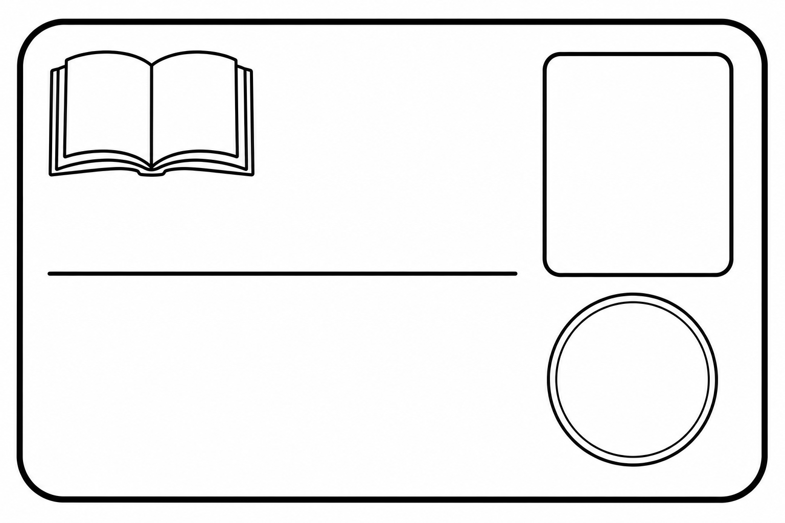 Line-art coloring page of a blank library card with an open book in the corner, a line for a name, a square box and a round stamp circle.