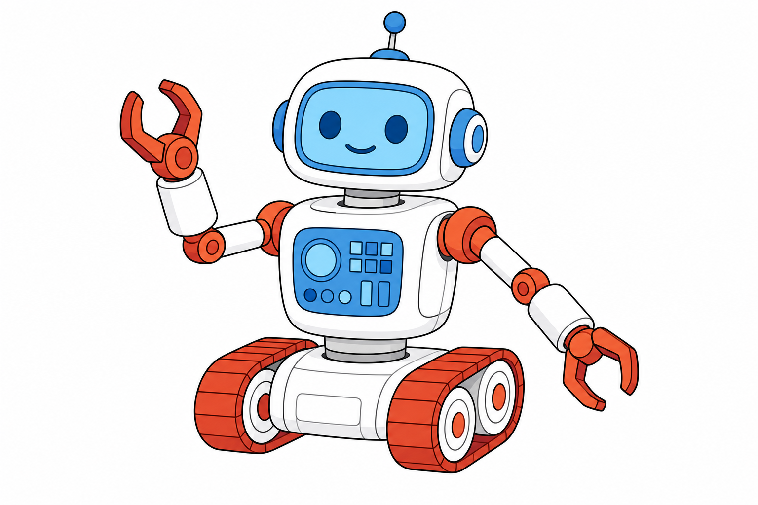 Flat editorial illustration of one friendly robot drawn in clean line art, its moving parts like arms, claws and wheel treads colored in warm reds and oranges, its head and chest control panel colored