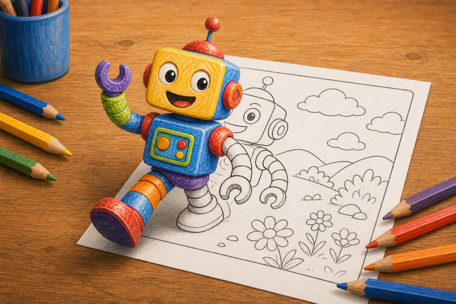 A cheerful crayon-colored robot stepping out of a black-and-white line art coloring page that lies on a wooden desk, the robot turning fully colorful as it leaves the paper, colored pencils scattered