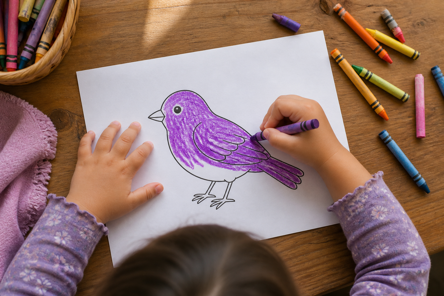 Overhead view of a young child's hands coloring a simple printed outline of a bird with a bright purple crayon, a blank sheet of white paper and scattered colorful crayons on a warm wooden table besid