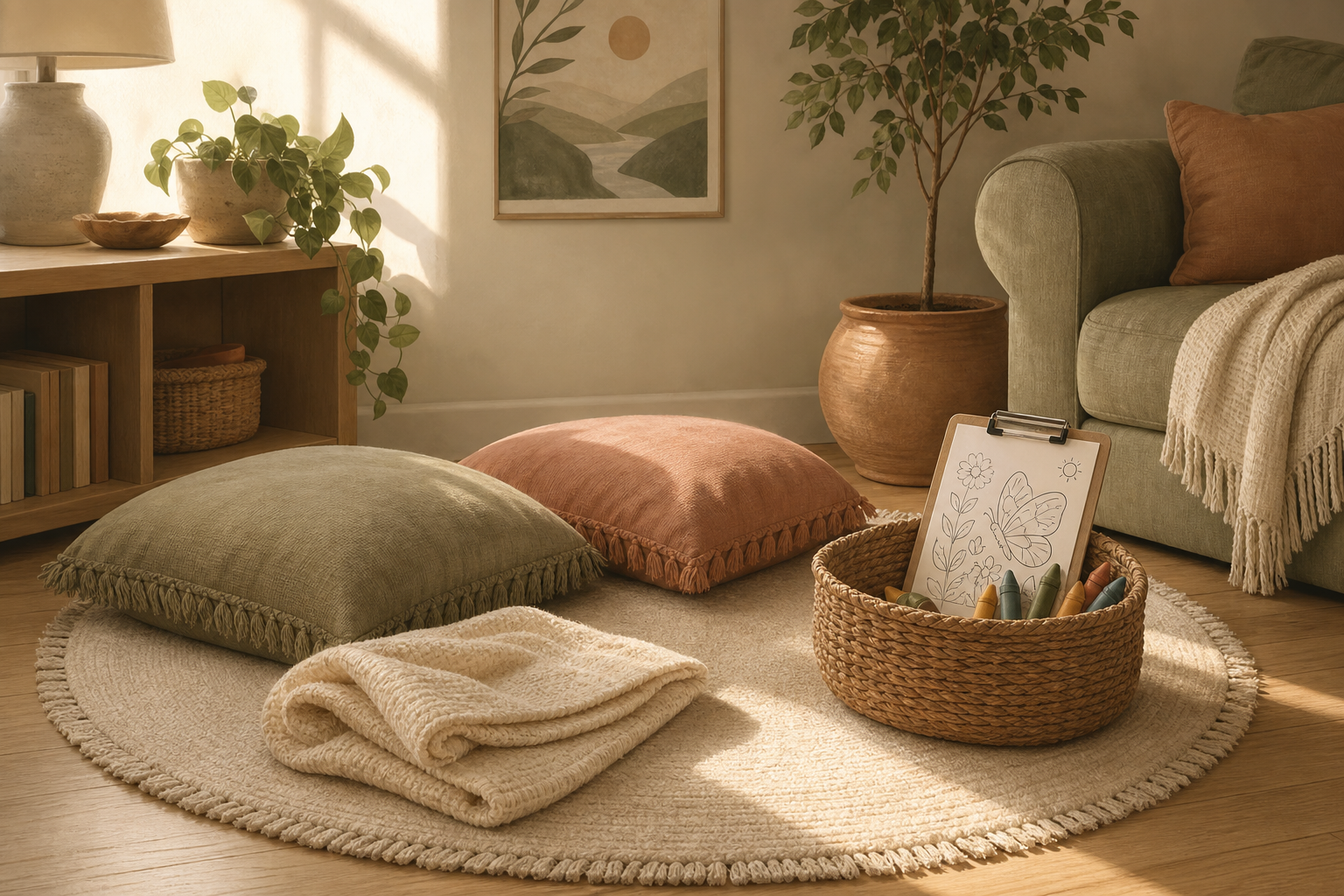 A low quiet corner of a family living room set up for a child, a small round rug with two floor cushions, a soft folded blanket, a woven basket holding a clipboard with a simple black line-art colorin