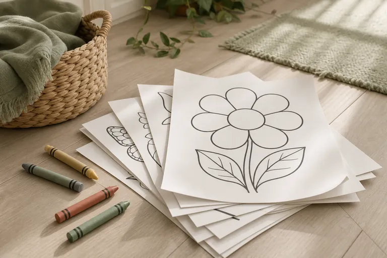 A short loose stack of simple black line-art coloring pages fanned out on a pale wooden floor beside a small woven basket and a few chunky crayons, the top page showing one big simple flower, the page