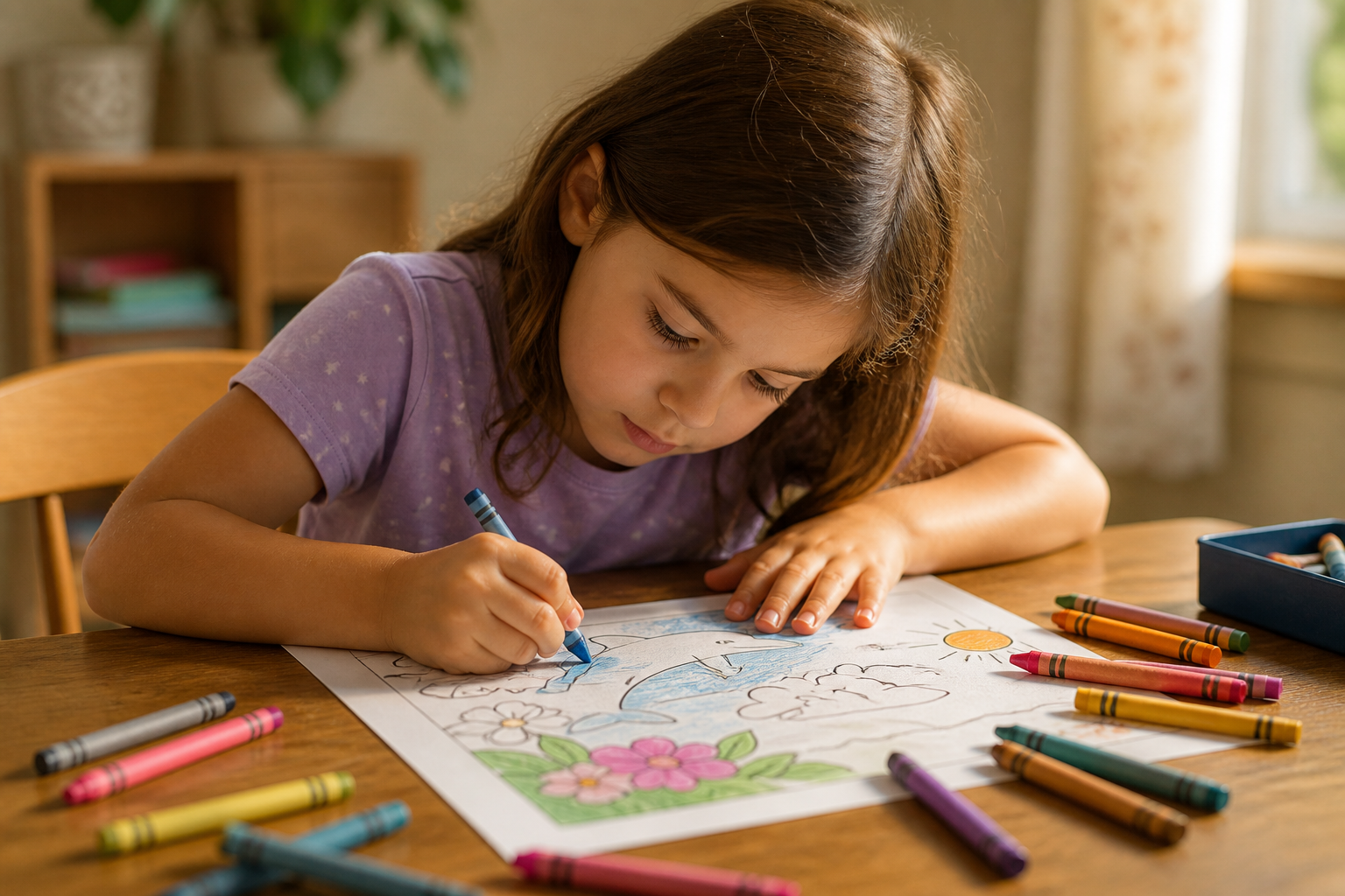 A school-age child about seven years old leaning over a table completely absorbed in coloring a half-finished printed coloring page, crayons scattered around, warm soft afternoon light, gentle realist