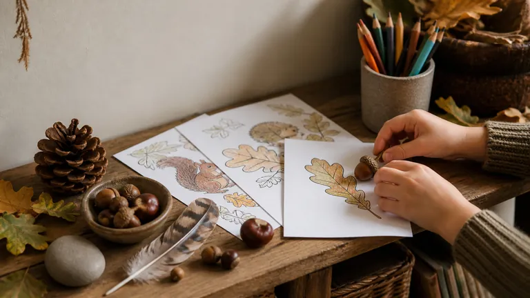 Cozy autumn nature table on a low wooden shelf, with acorns, conkers, oak leaves, a pinecone, feather, smooth stone, colored pencils, and hand-colored nature pages featuring leaves and woodland animal