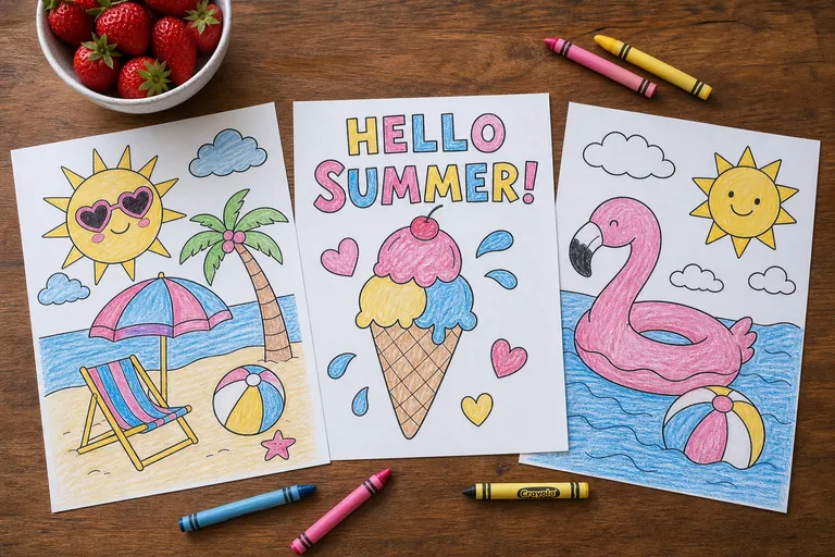 Three summer-themed coloring pages flat-lay on a wooden table, kid-colored with crayons in yellow, blue, pink, some areas blank, a bowl of strawberries, scattered crayons, natural daylight, horizontal