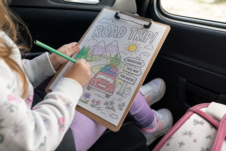 A road trip themed coloring page partially colored, resting on a clipboard balanced on a child's lap in the backseat of a car, small hands mid-stroke holding a colored pencil, suitcase corner visible 