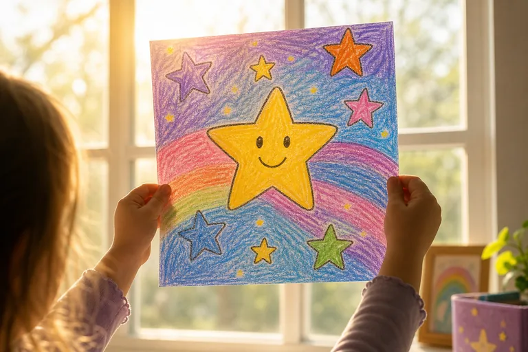 Small child's hands holding up a finished star-themed coloring page toward a sunny window, soft afternoon light shining through the paper, the child's silhouette barely visible at the edge of the fram