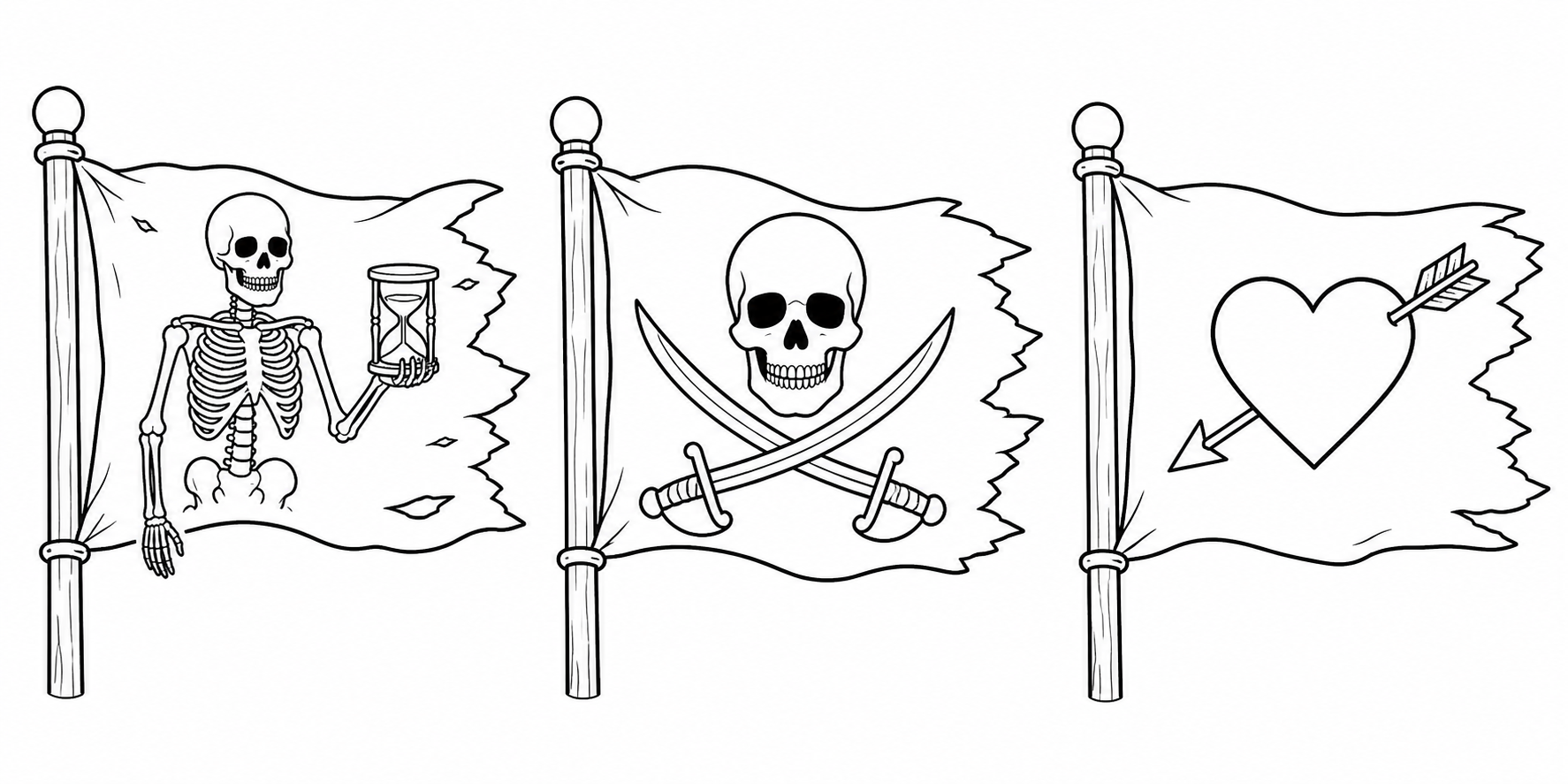 Clean black and white line art illustration of three different pirate flags side by side on a plain background, drawn as coloring page outlines: on the left a skeleton holding an hourglass, in the mid