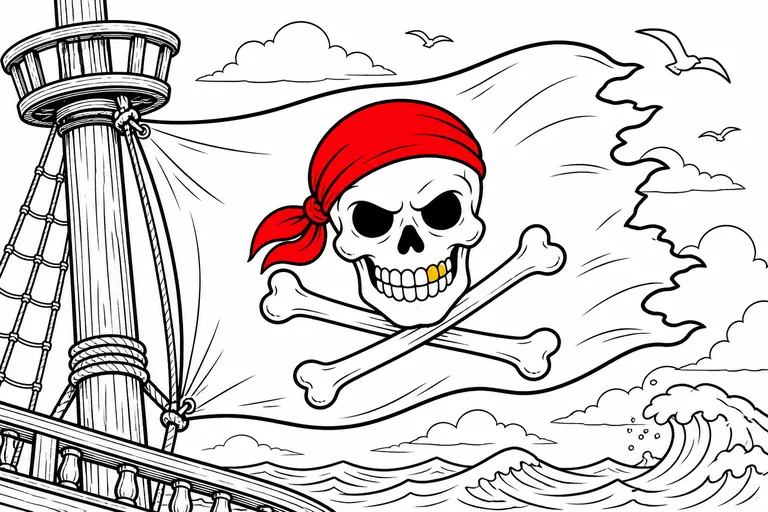A clean black and white line art coloring page of a Jolly Roger pirate flag, a grinning skull above crossed bones waving from a tall ship's mast, where only a single gold tooth in the skull and a brig
