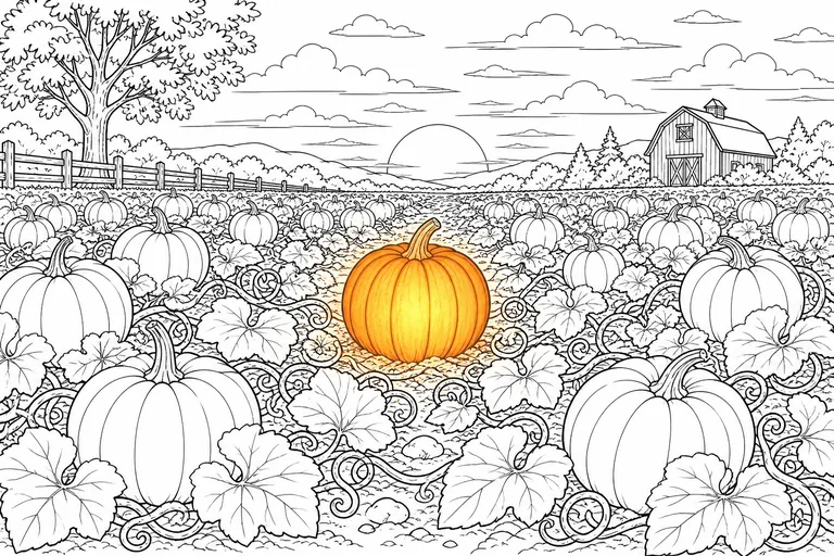 A clean black-and-white line art coloring page of a pumpkin patch at dusk, rows of round pumpkins on curling vines with wide leaves, one single pumpkin in the center glowing warm orange as if lit from